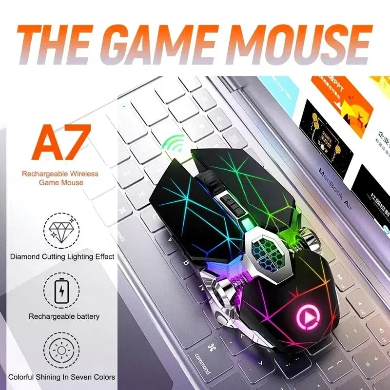 ZLRLMHY 2.4G USB gaming mouse, rechargeable silent mouse, PC laptop gaming mouse, wireless optical 1600DPI 7-color LED backlight