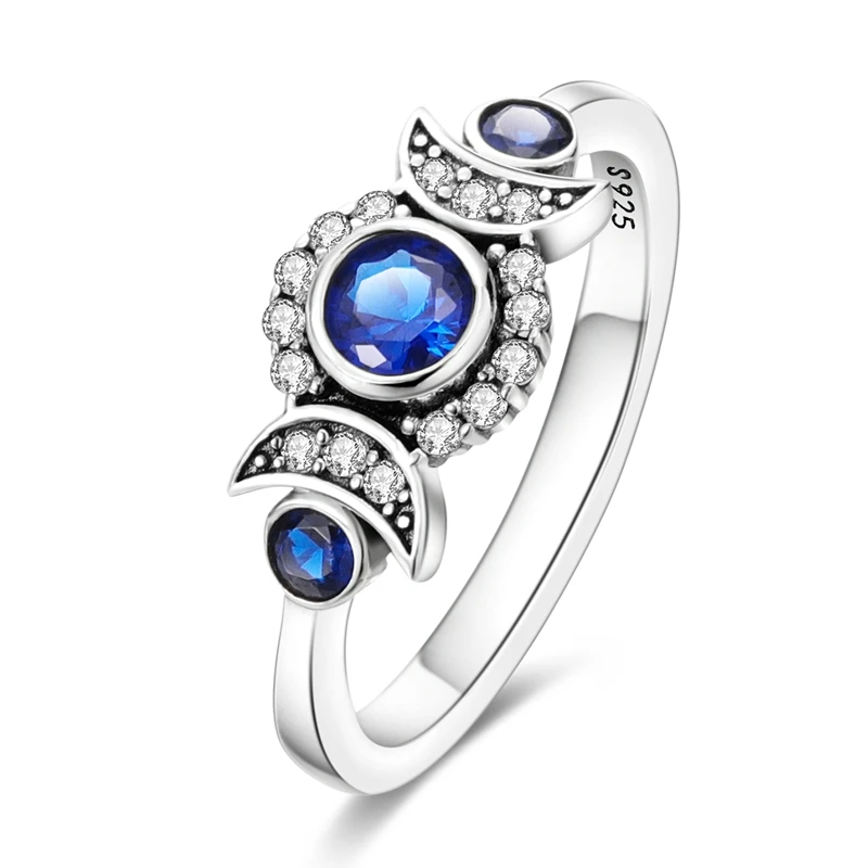 Original 925 Sterling Silver Sparkling Moon Blue Gemstone Ring For Women Girls Jewelry Birthday Anniversary Gifts