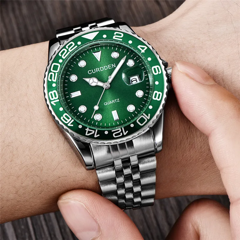 Men Big Original Brand Green Watches Students Fashion Casual Full Stainless Steel Band Gold Date Quartz Watch Relogio Masculino