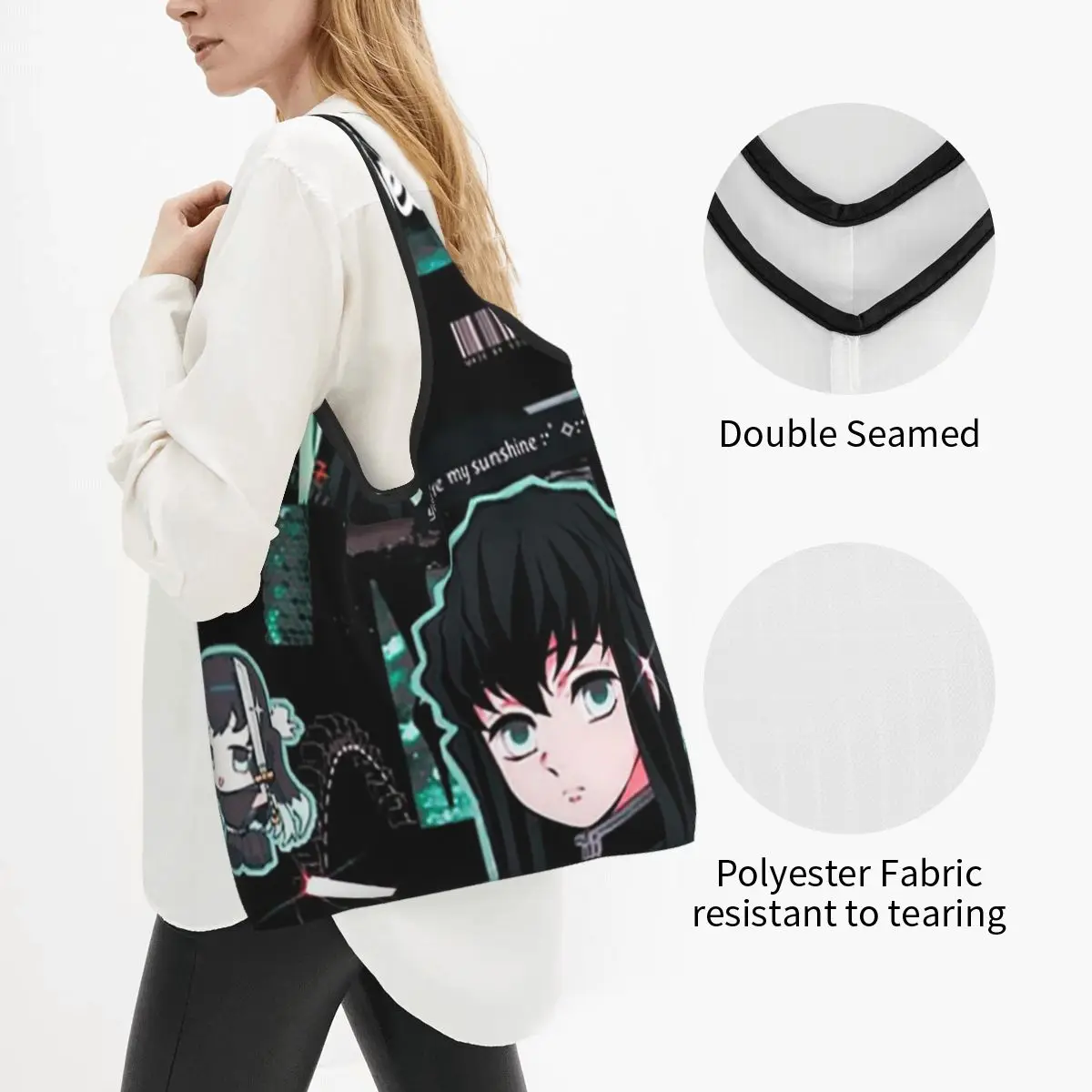 Demon Slayer Muichiro Tokitou Portable Tote Shopping Bags Reusable Shopper Bag Grocery Handbag Shoulder Bag