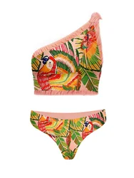 Vintage One-Shoulder Embroidered Print Bikini Set And Fringe Skirt For Women 2023 Luxury Swimwear Two Piece Swimsuit Sexy / New