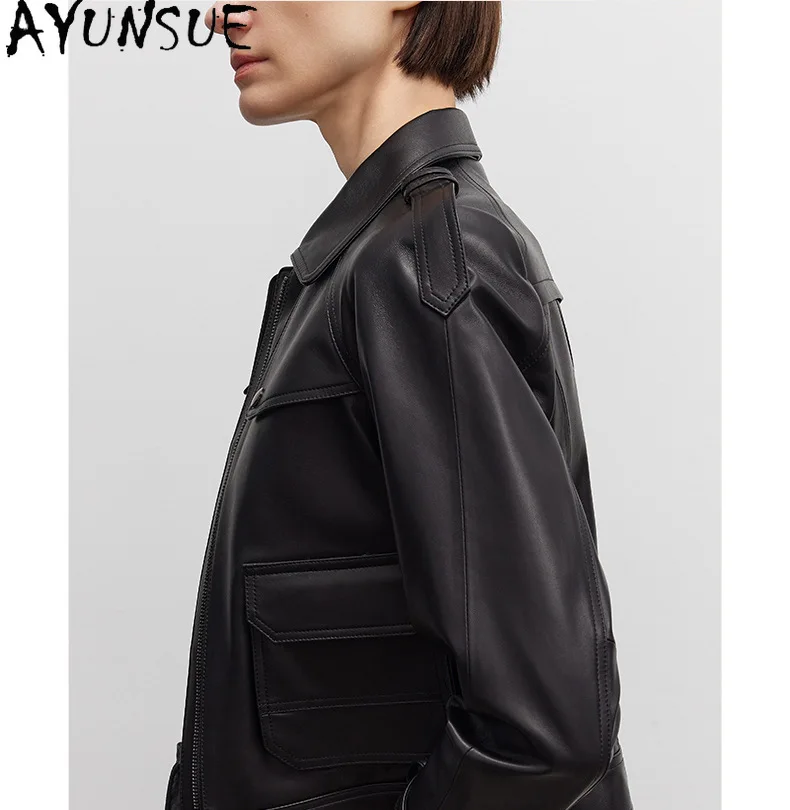 AYUNSUE Echtlederjacke Damen 2025, echter Schaffellmantel, Motorradjacken, Frühling und Herbst, Damenbekleidung, neu in Oberbekleidung