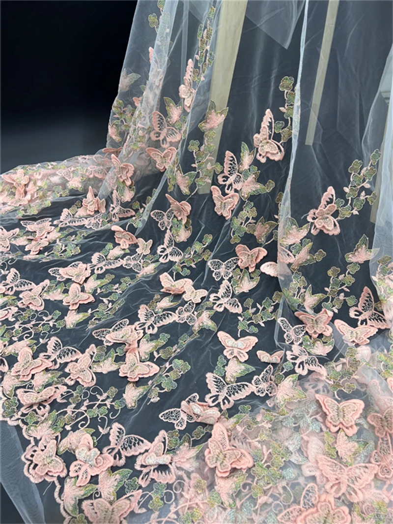 High-end 3d borboleta bordado laço malha gaze borboleta applique vestido de casamento tecido bordado tecido de renda solúvel em água