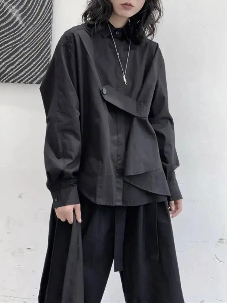 

Women Black Irregular Button Big Size Casual Blouse New Lapel Long Sleeve Shirt Fashion Tide Spring Autumn