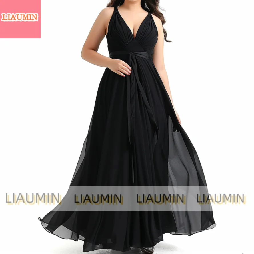 Neue Frauen plus in voller Länge Chiffon schwarz V-Ausschnitt Empire Taille eine Linie Schnürung zurück formale Abend party formale Maxi kleid W15-20