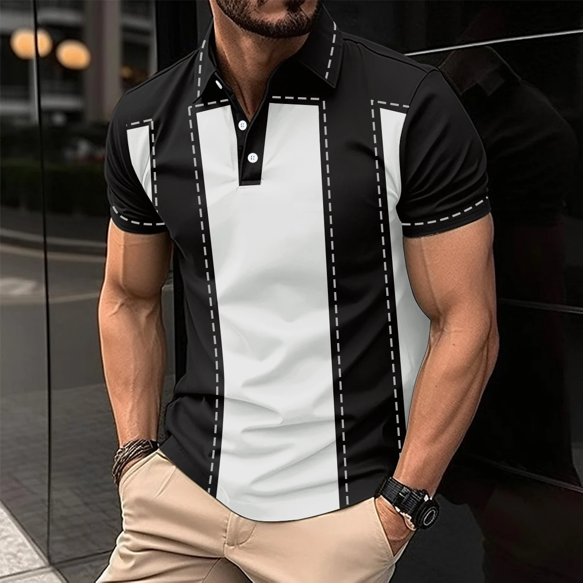 2024 Best-Selling Summer Men's Polo Shirt Fashion Men's Shirt Lapel Button Polo Shirt Patchwork Striped Printed Men's Clothing