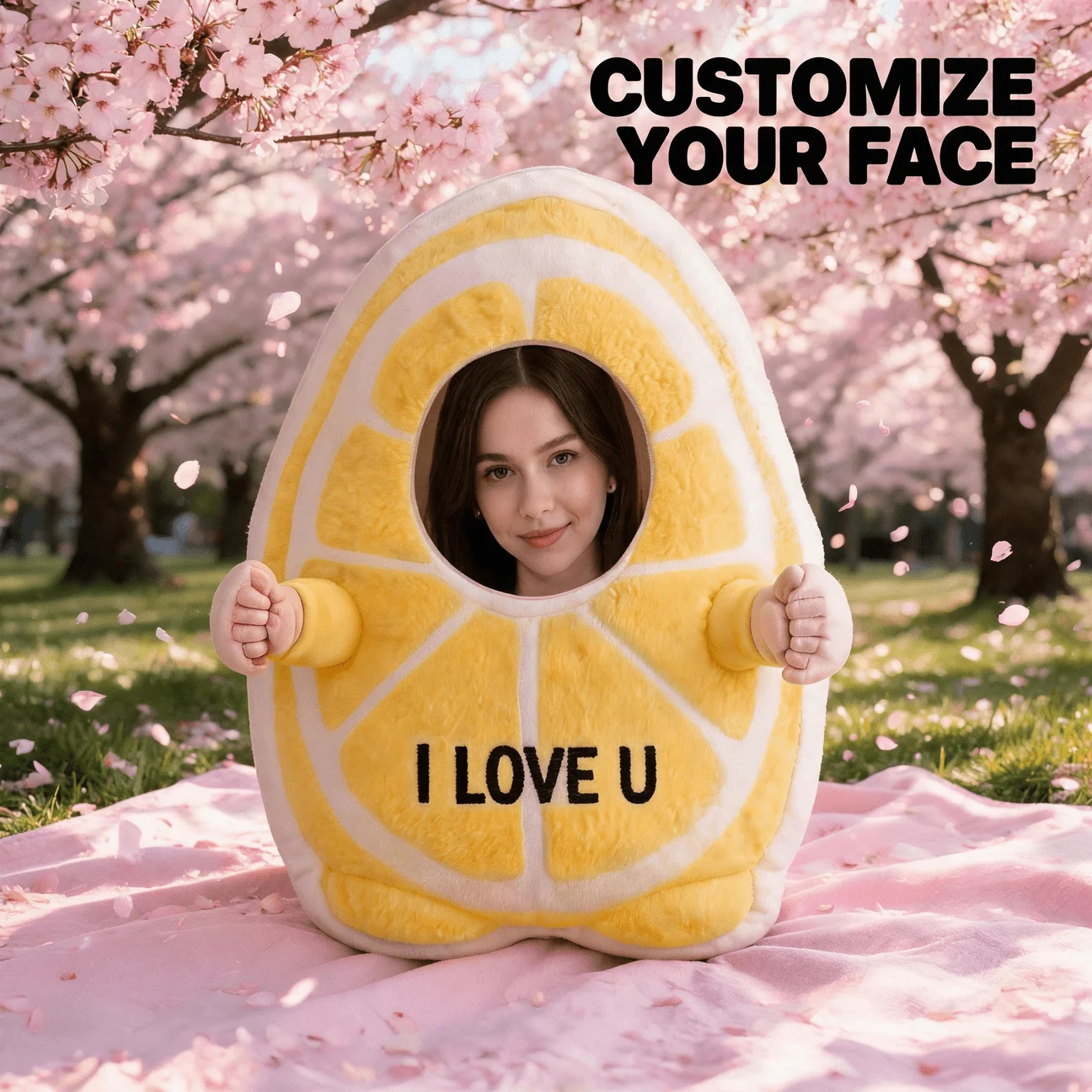 Custom Photo Lemon Shaped Pillow, Personalized Face Cutout Decorative Cushion with I LOVE U Text, Unique Home Decor Accent for S