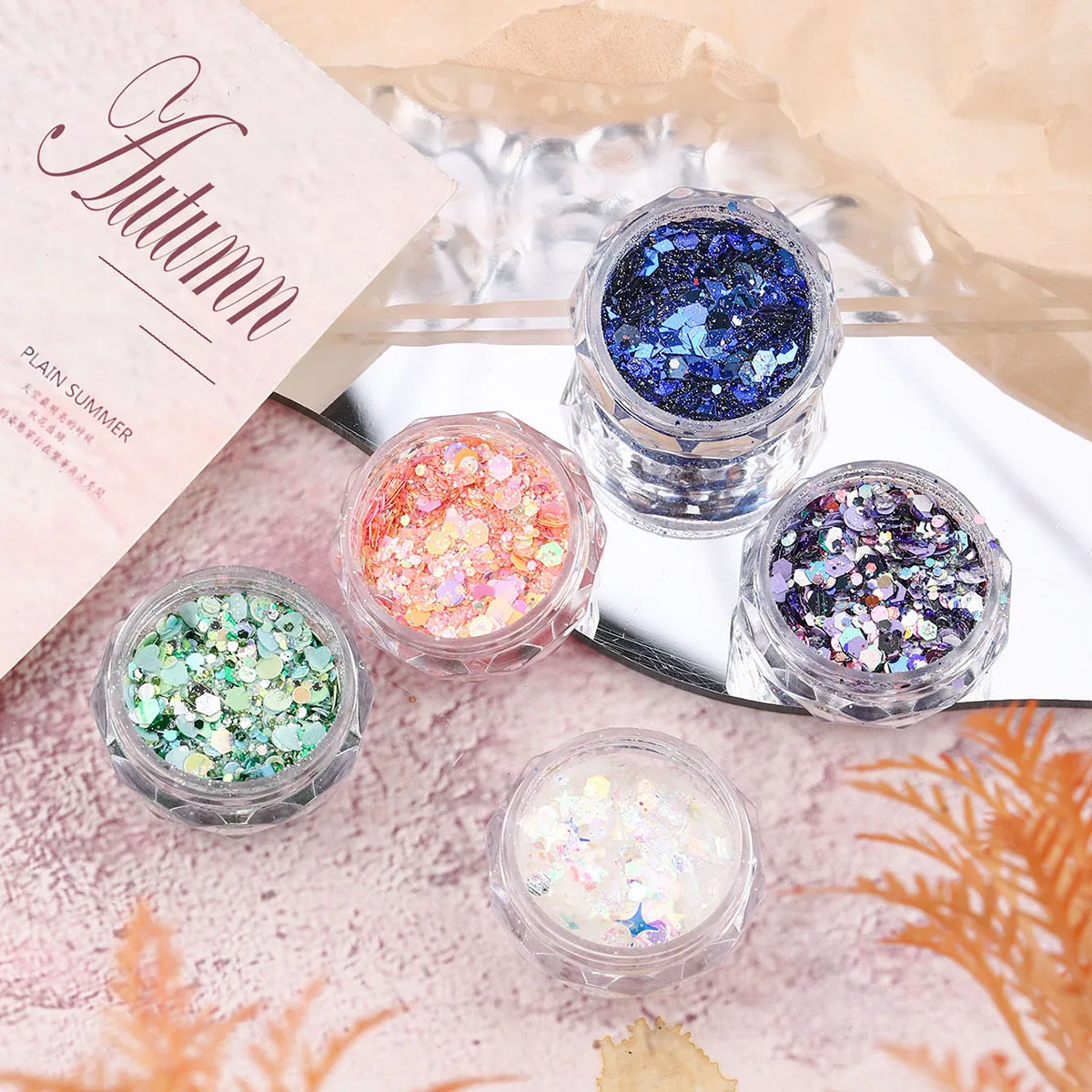 Lentejuelas láser ultrafinas, material de polvo de flash, caja de tesoro, gradiente de flash de color, decoración de flash de uñas mezcladas, 1 caja