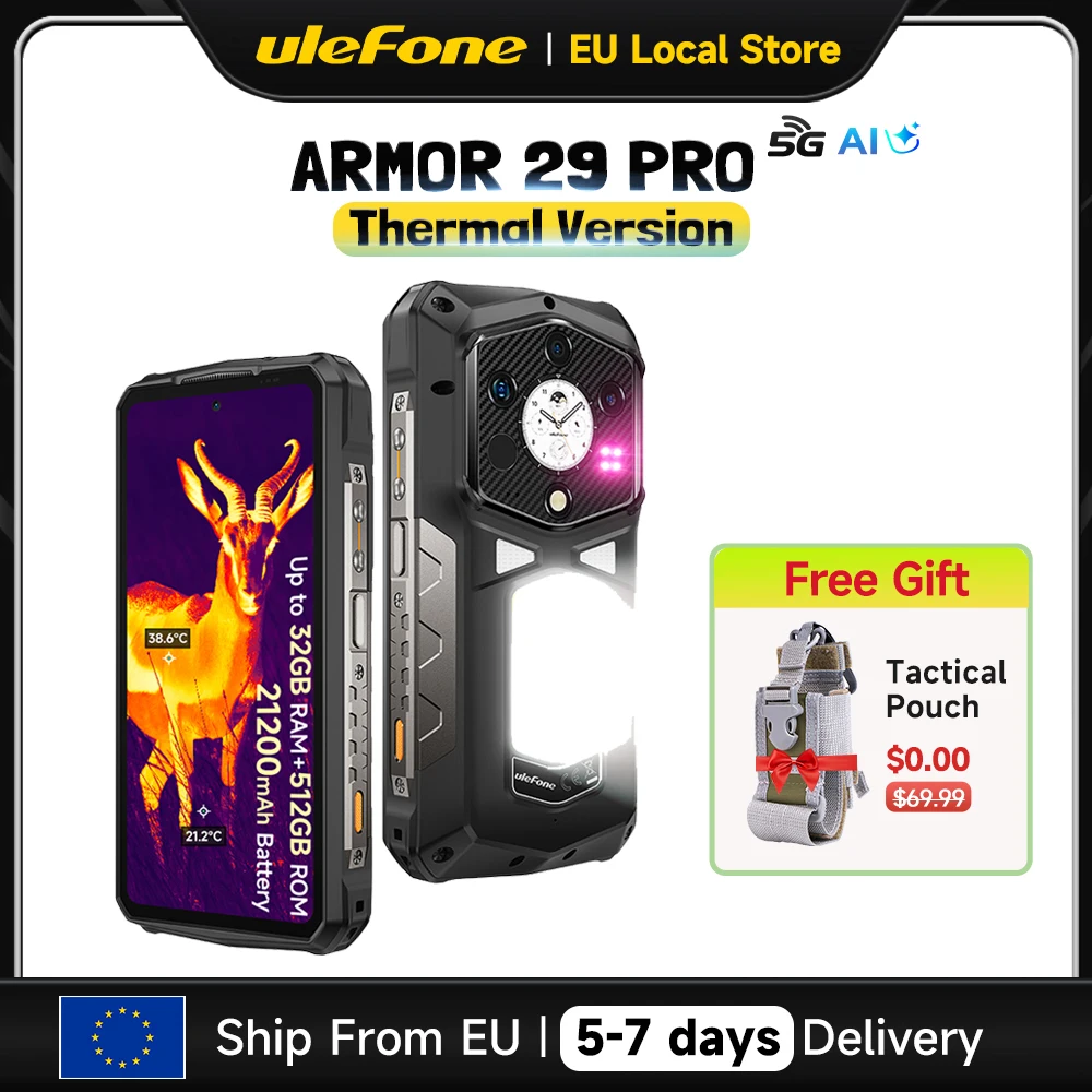 Ulefone Armor 29 Pro Thermal Version 5G AI Rugged Smartphone Android 15 6.67" 120Hz 512GB ROM 21200mAh 120W Flash Charging NFC