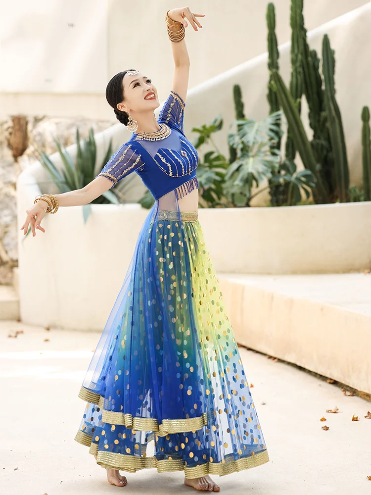 Indian Classical Dance Costumes Embroidery Blue Short Sleeved Big Swing Skirts Suit Ethnic Style Bollywood Dance Dress DQL10094