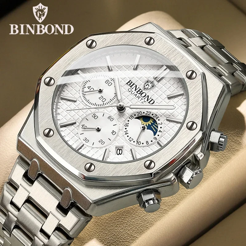 BINBOND Quality Men Watch Luxury High Man Quartz Wristwatch Waterproof Luminous Date Stainless Steel Men\'s Watches Casual Clock