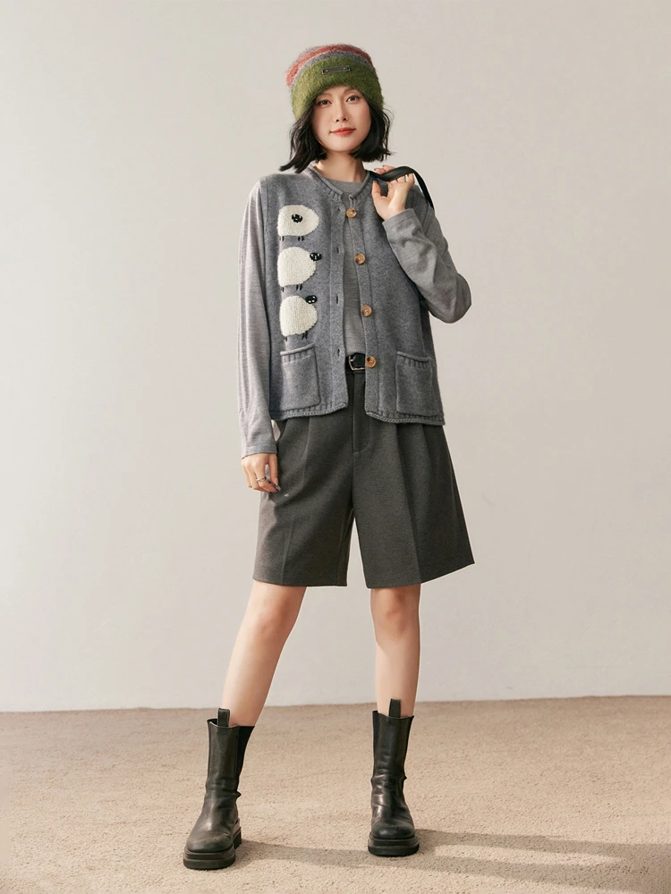 Outono inverno feminino dos desenhos animados bordado colete de malha 100% camisola de caxemira sem mangas colete cardigan macio estilo doce topos