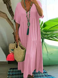 Casual Boho Loose Women Dress Bohemian Summer V Neck Short Sleeve Ruffle Dress Female Oversize Party Beach A-Line Dress Vestidos