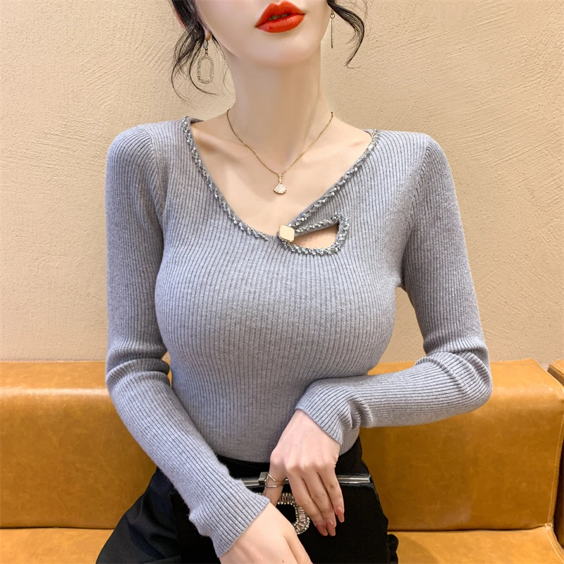 

Ele Sexy Hollow out Rhinestone Knitwear Women's Autumn Winter Slim Fit Base irt Inner Wear Trendy V-ne Long Sve