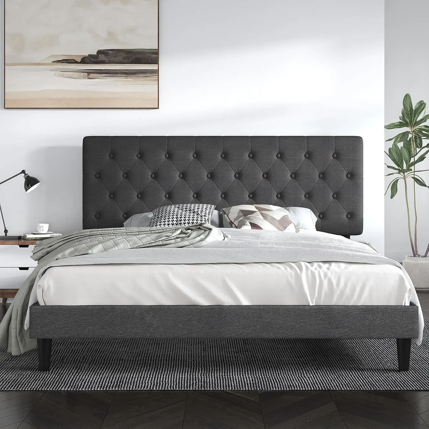 

Queen Size Platform Bed Frame with Button Tufted Headboard, Faux Leather Upholstered Mattress Foundation