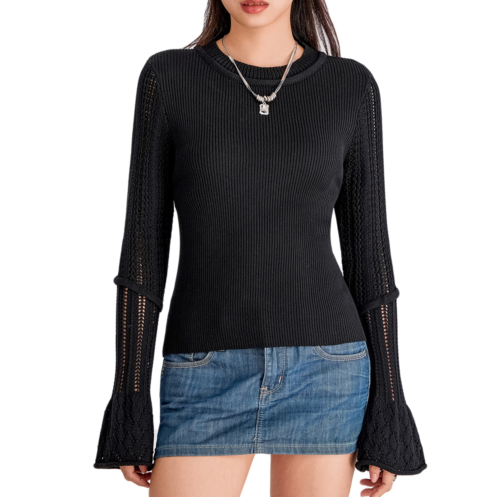 

Women Classic Fit Scoop Neckline Shirt Long Bell Sleeves Knit Tops Solid Color Streetwear Aesthetic Clothes Lady Bottoming Shirt