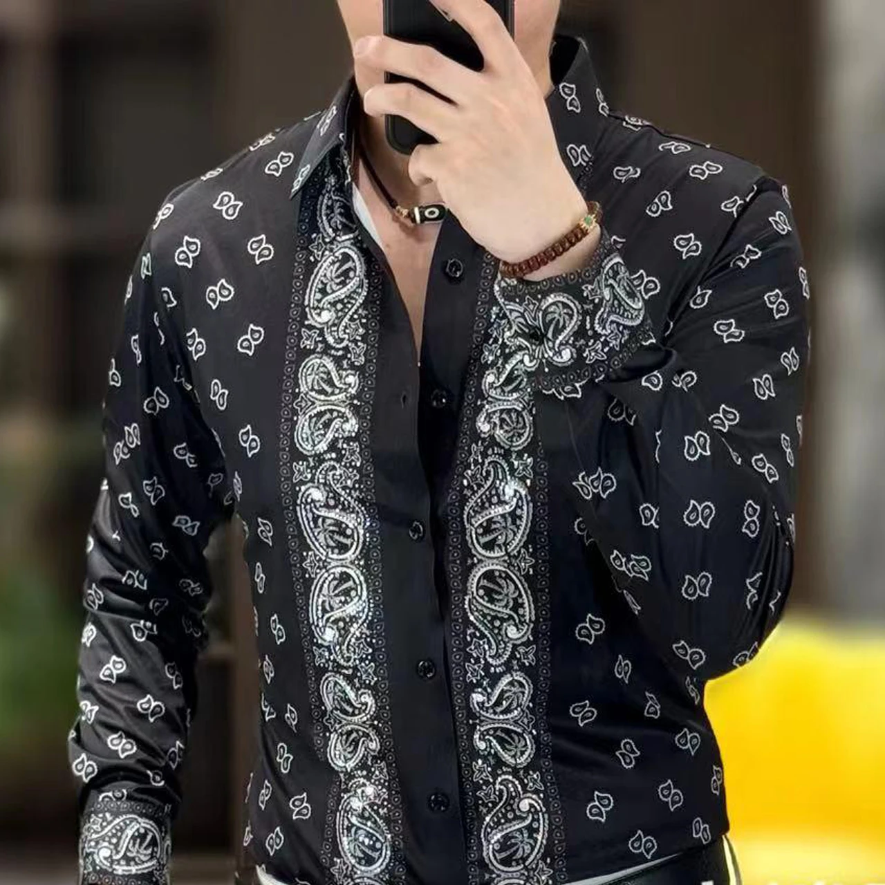 Camisa hawaiana de manga larga para hombre, camisa Masculina de lujo con estampado dorado de Cachemira, blusa informal barroca