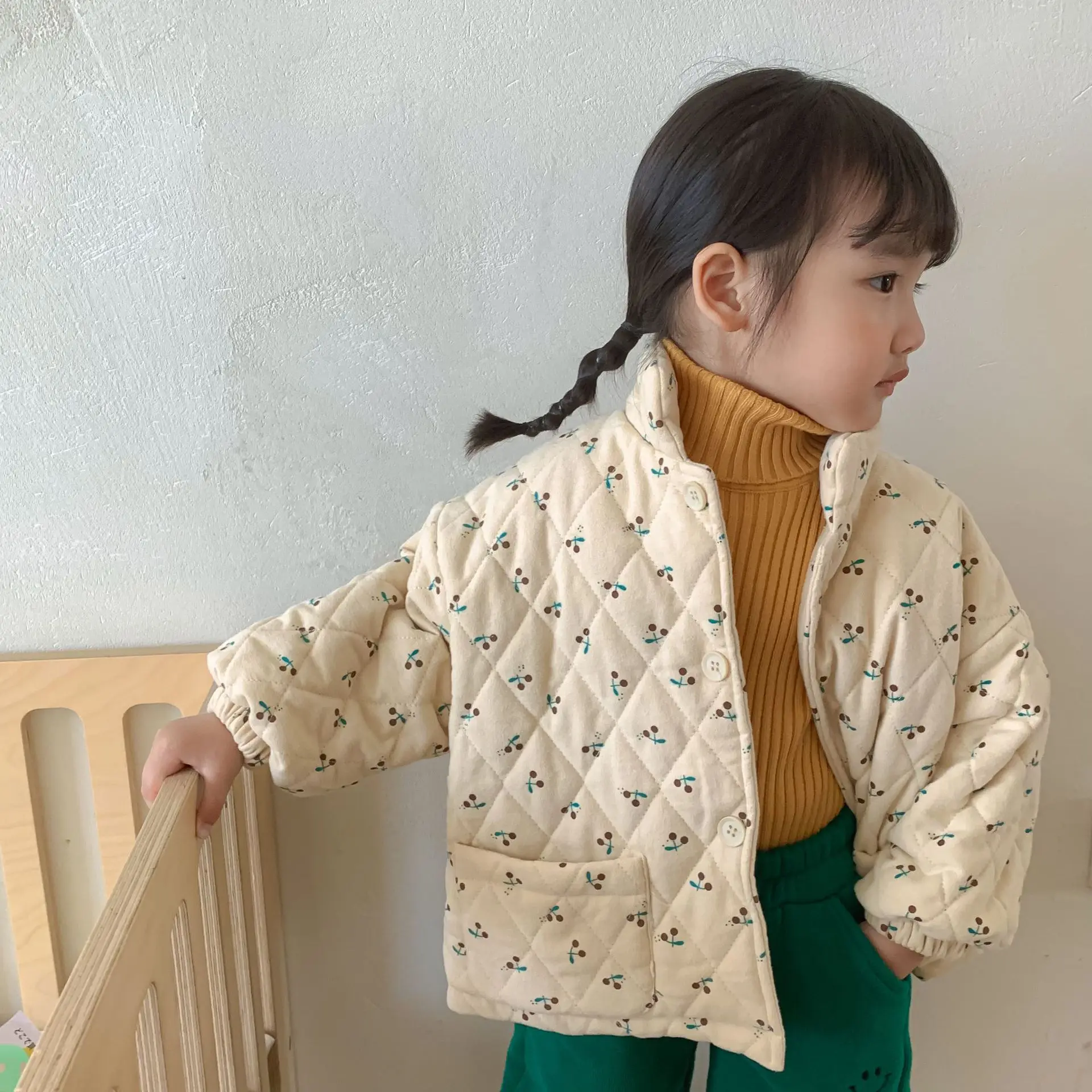 

Baby Quilted Jacket for Girl Girls Winter Coat Parka Flower Printed Kids Casual Warm Cotton Outerwear Coats Infant Padding New