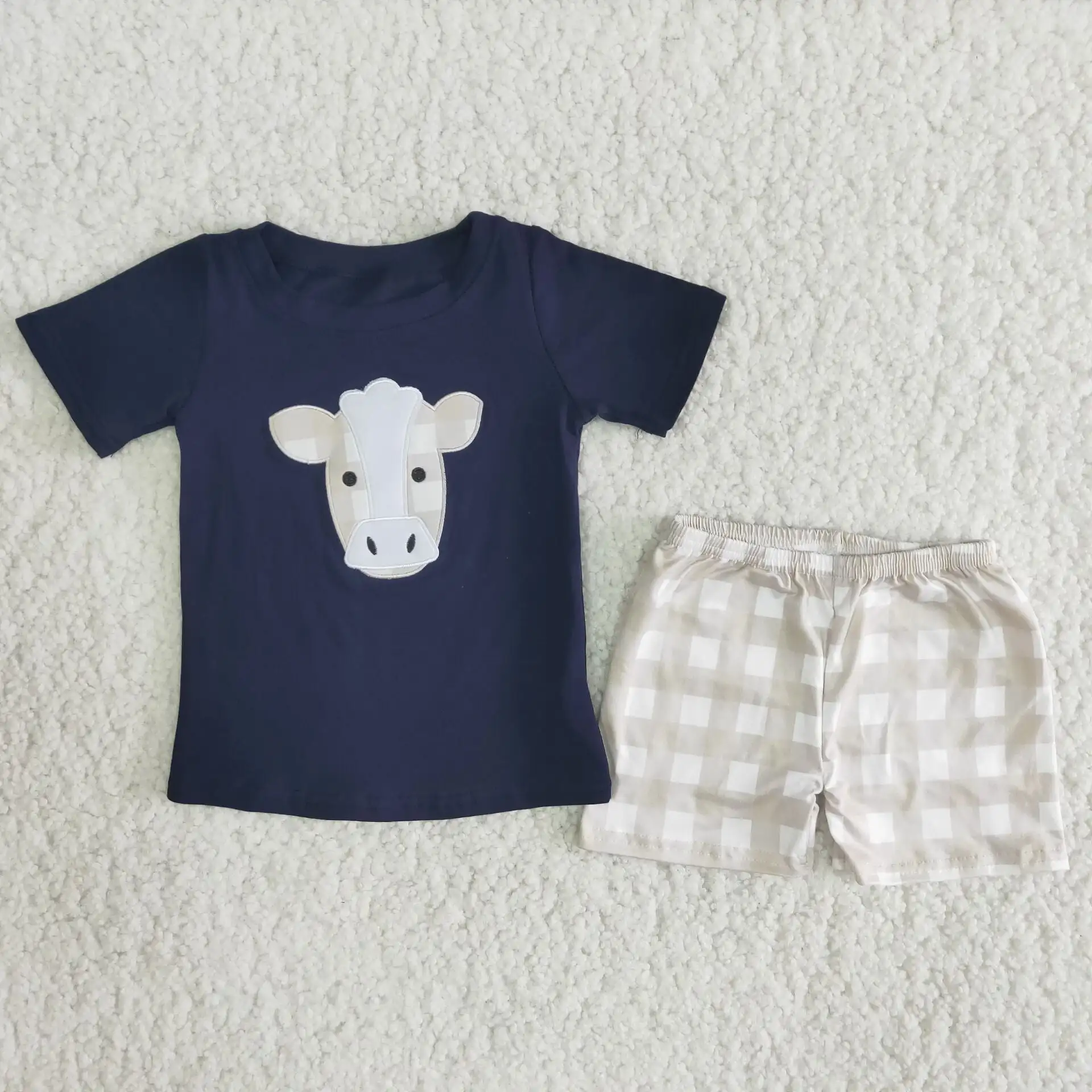 A14-11 Baby Boys Clothes Embroidery Cow Navy Gray Grids Print  Shorts Outfit Children Clothing Sets