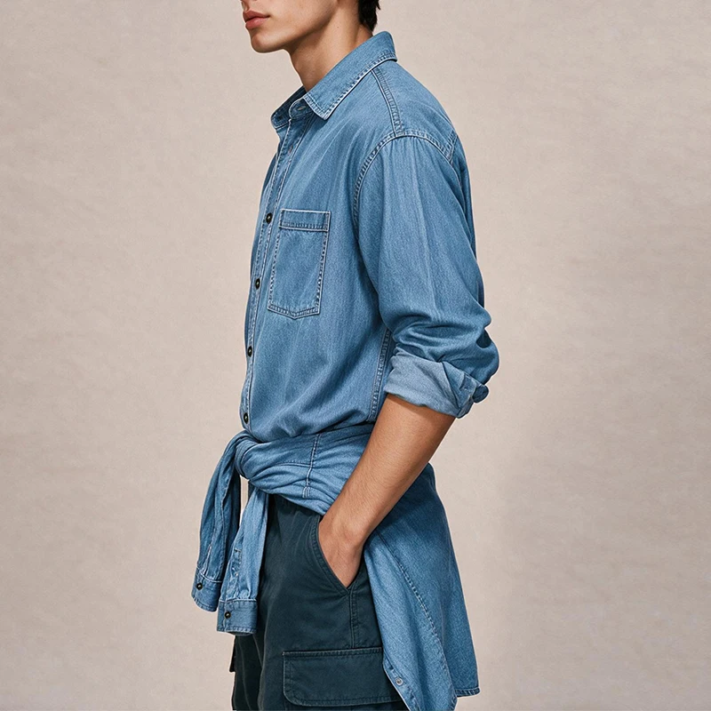 Men's Thin Denim Long Sleeve Shirt, Lapel Solid Color Button Down Casual Blouse, Men Spring Autumn Daily Wear Inner & Outer Top view 4