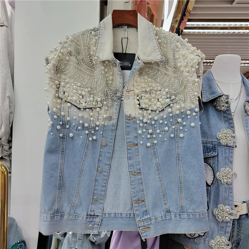 

2023 Spring New Korean Tie Dye Contrast Heavy Industry Handmade Beaded Loose Relaxed Denim Coat Women's Trend jackets