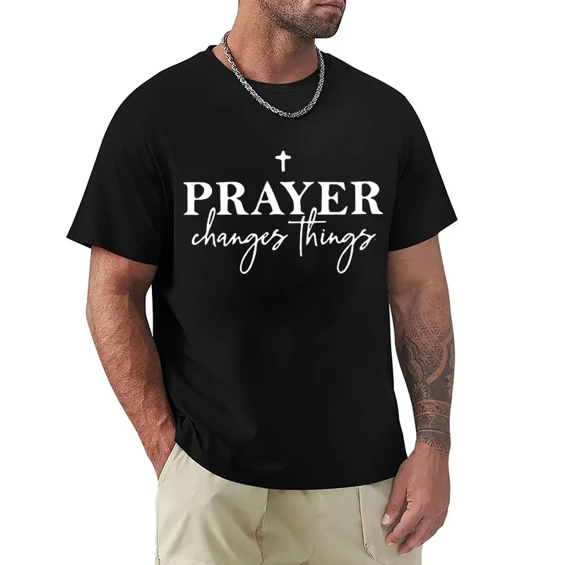 Christian Gift T-Shirt for Men Prayer Changes Things Cross Print Casual O Neck Short Sleeve Tops Perfect for Religious Male Tees