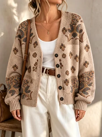 Women's Cardigan Women's vintage Print Knitted Cardigan, Bohemian Floral, Camel-Colored V-Neck Loose-Fitting Black Buttoned Cardigan Coat, Suitable for Daily Casual Wear in Autumn and Winter.