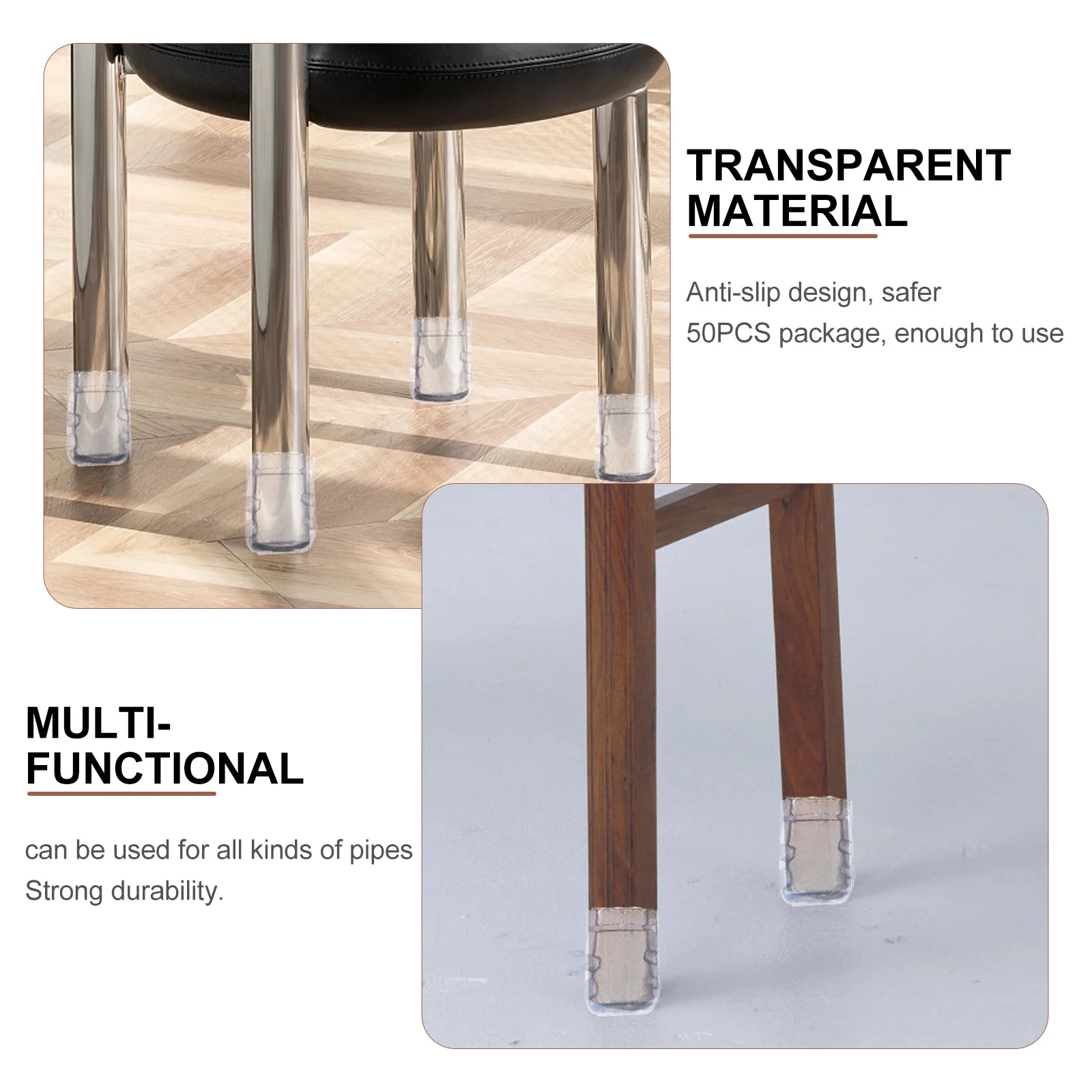 

50Pcs Furniture Leg Caps Tubes End Protector Anti-Slip Transparent Chair Leg Floor Covers Tubes End Socks for Hardwood