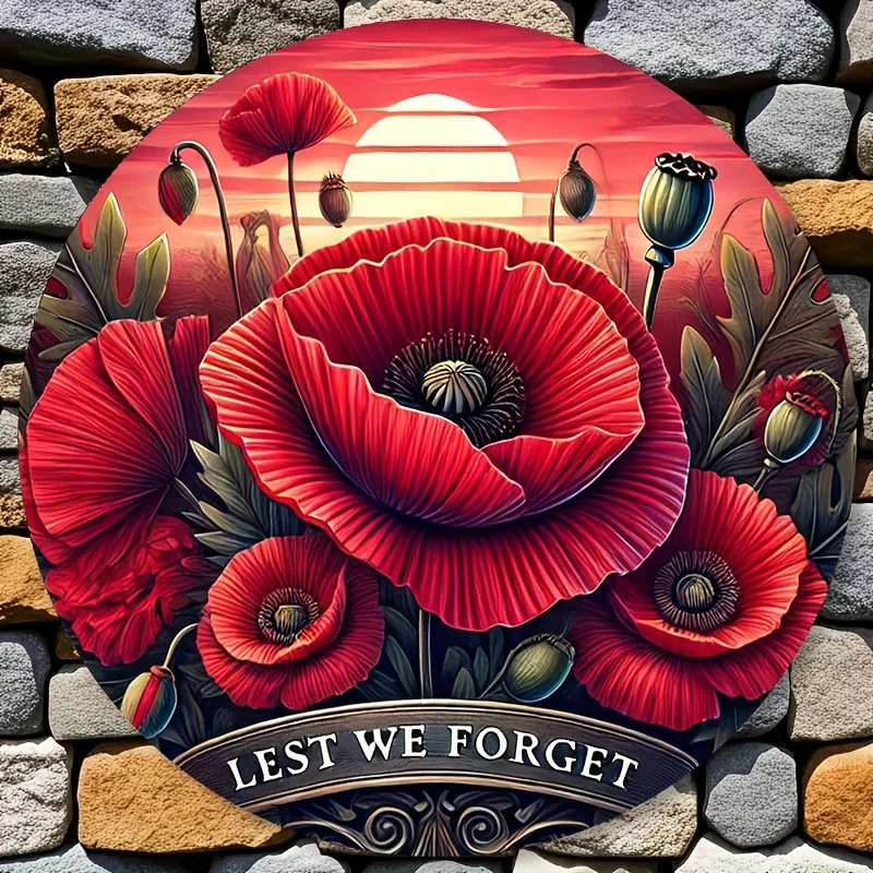 2D Flat - 1pc Lest We Forget Round Metal Wall Art - 20.32cm x 20.32cm Durable Iron Sign with Vibrant Floral Design, Indoor/Outdo