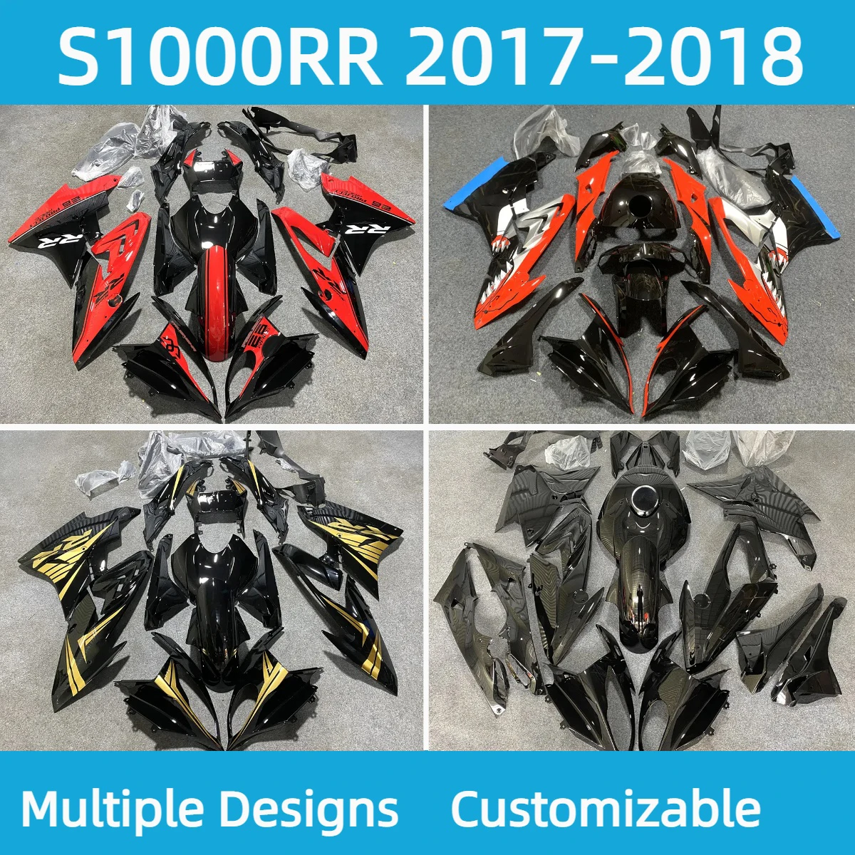 For BMW S1000RR 2017 2018 New Style Fairings Kit S 1000RR 17 18 Fuel Glassy Black Aftermarket Motorcycle Fairing Set