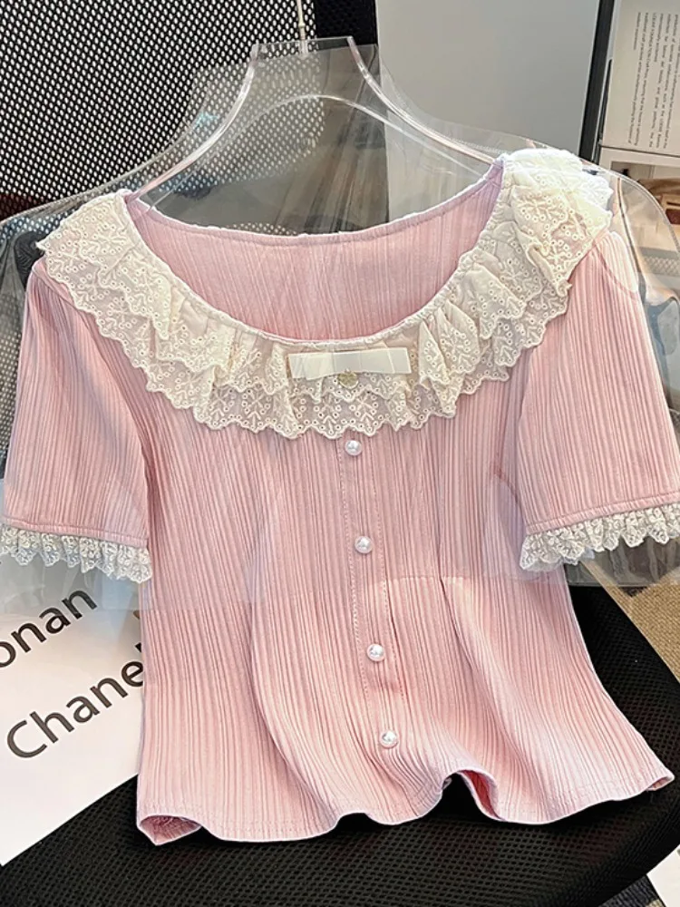 

Новая летняя женская футболка с кружевной отделкой, круглая футболка Ne ort Sve, облегающий топ длиной, корейский Sle Commute Faion