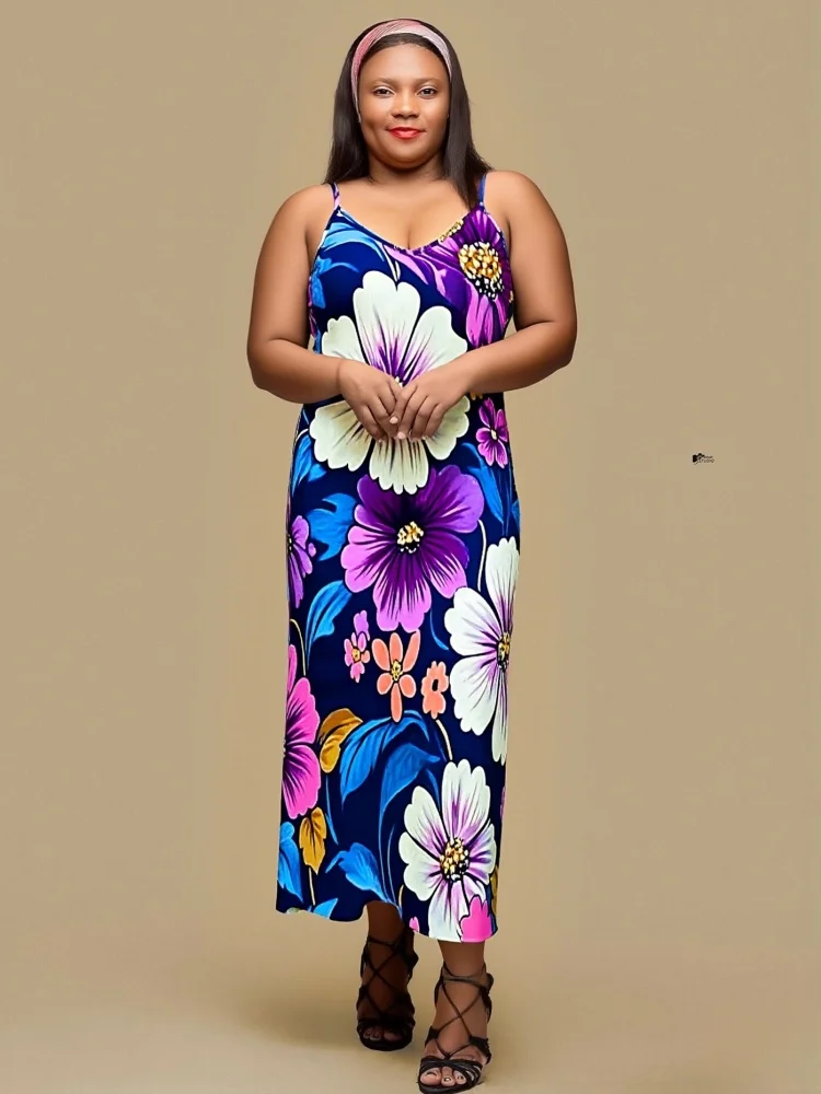 

Женские длинные платья макси больших размеров, повседневные, в стиле бохо, с цветочным принтом, на бретельках, пляжные, с V-образным вырезом, шикарные, для отпуска, до 5XL