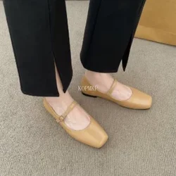 New Women's Flats Square Toe Mary Janes Shoes Leather Shoes for Female Buckle Strap Ladies Shallow Shoe Spring Zapatos De Mujer