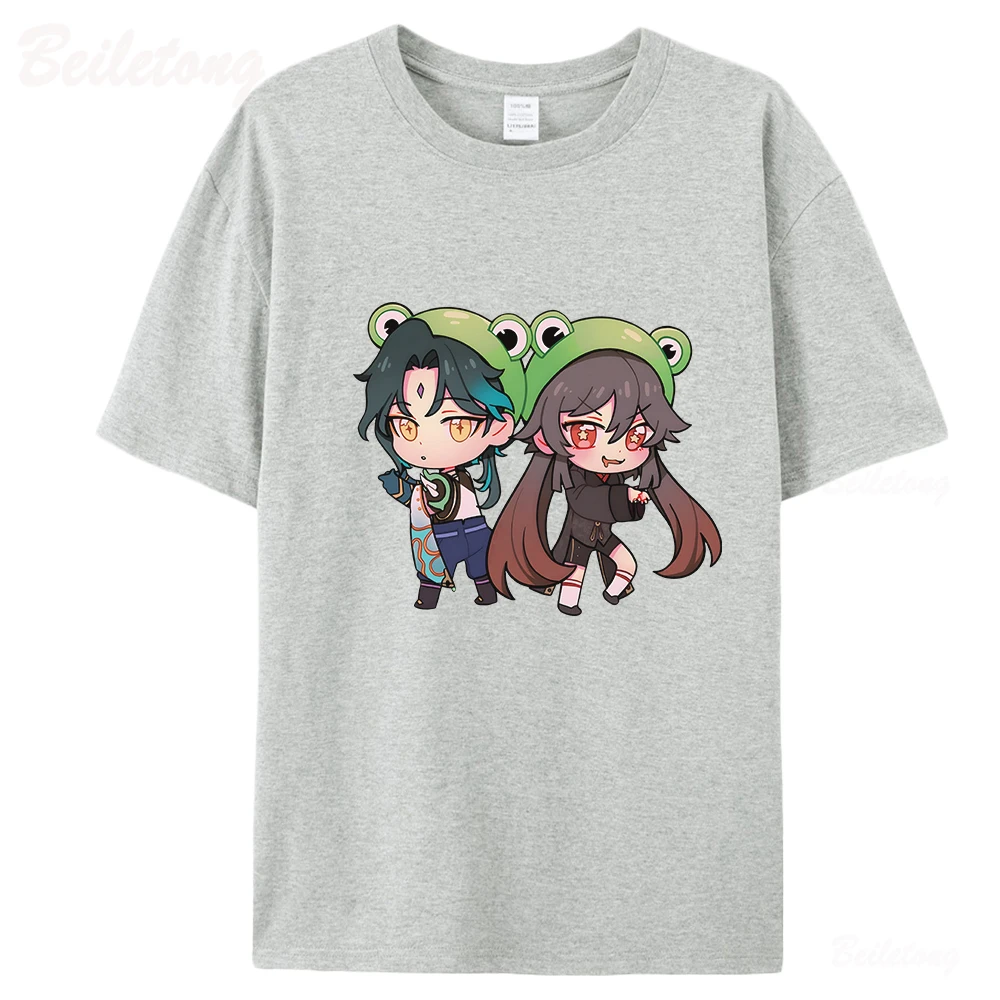 Hu Tao i Xiao Cute Genshin Impact T Shirt Women Printing 100% Cotton Summer Oversized Tops Harajuku Tees Cartoon Fast Shipping