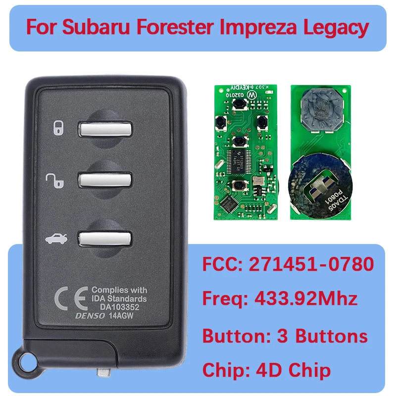 

CN034005 Aftermarket 3 Buttons Smart Key Fob 4D Chip 433Mhz 271451-0780 433.92mhz 14ACA For Subaru Forester Impreza Legacy 2008+
