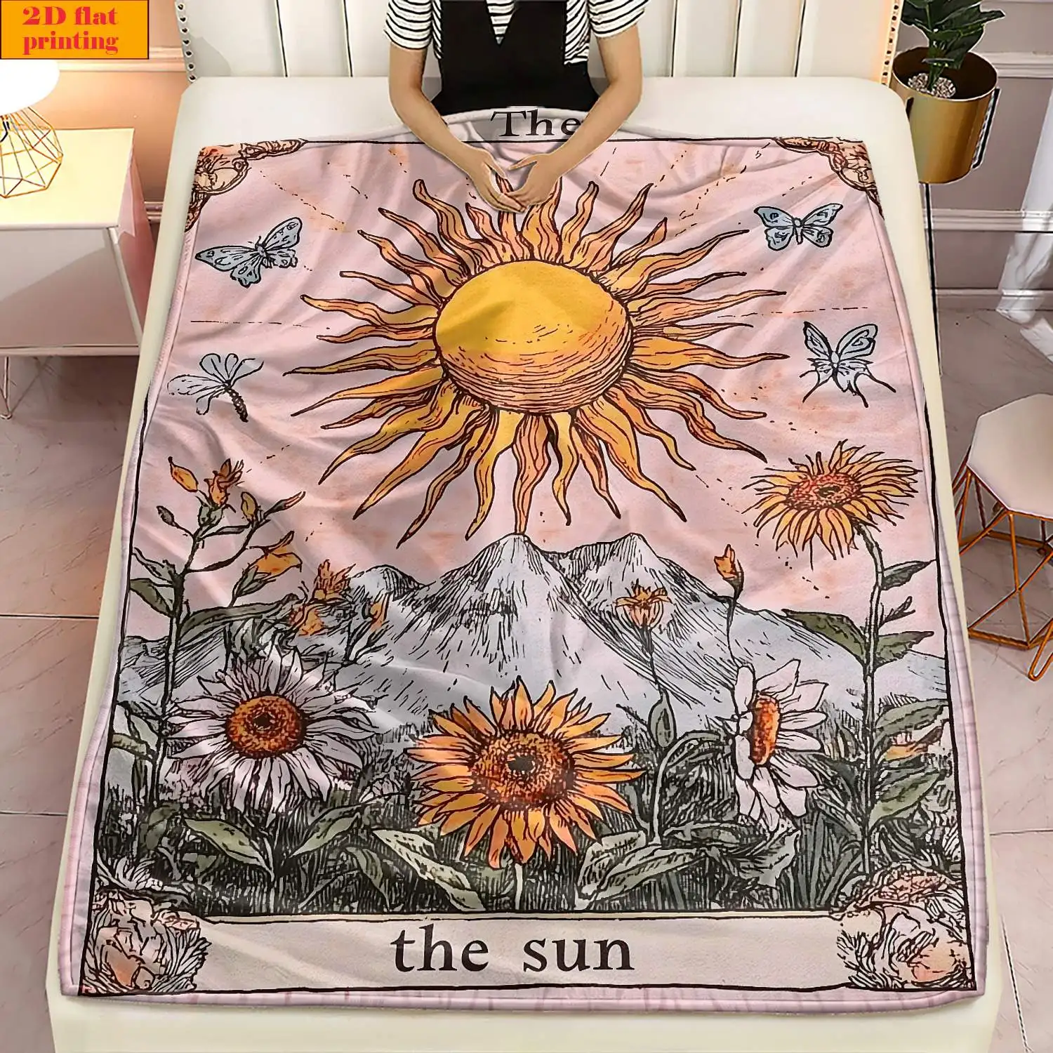 The Sun Tarot Sunflower Butterfly Mountain Pink Base Print Flannel Throw Blanket Soft Warm Cover Sofa Bedroom Boho Decor Gift