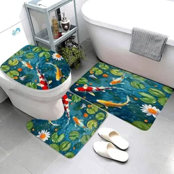 Koi Fish Lotus Bathroom Rug Set Flower Green Lotus Leaf Japanese Lotus Pond Carp Flower Leaf Asian Oriental Scenery Bath Mat Set