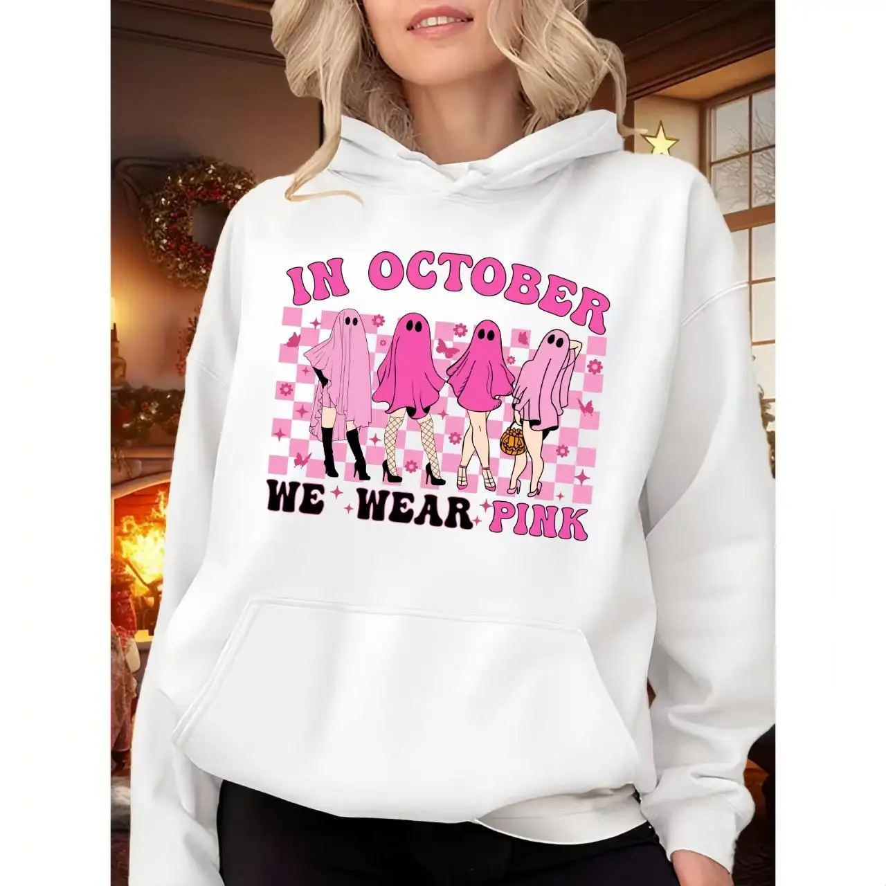 

Women's Spooky Pink Ghosts Hoodie, Retro Halloween Graphic Sweatshirt, October We Wear Pink Top, Funny Casual Loose Pullover