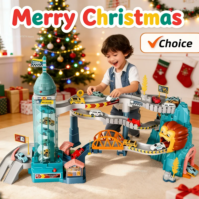 Nueva pista de coche con tema de León para niños con 4 coches fundidos a presión, regalos de vacaciones, cumpleaños, juguete educativo de carrera, coche ferroviario