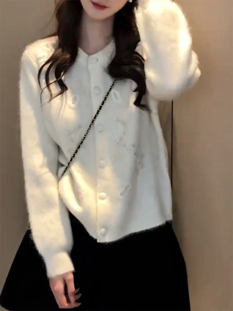 

Вязаный кардиган с вышивкой Ele, круглый вырез, мягкий, осенне-зимний, новинка, большие размеры, универсальный топ