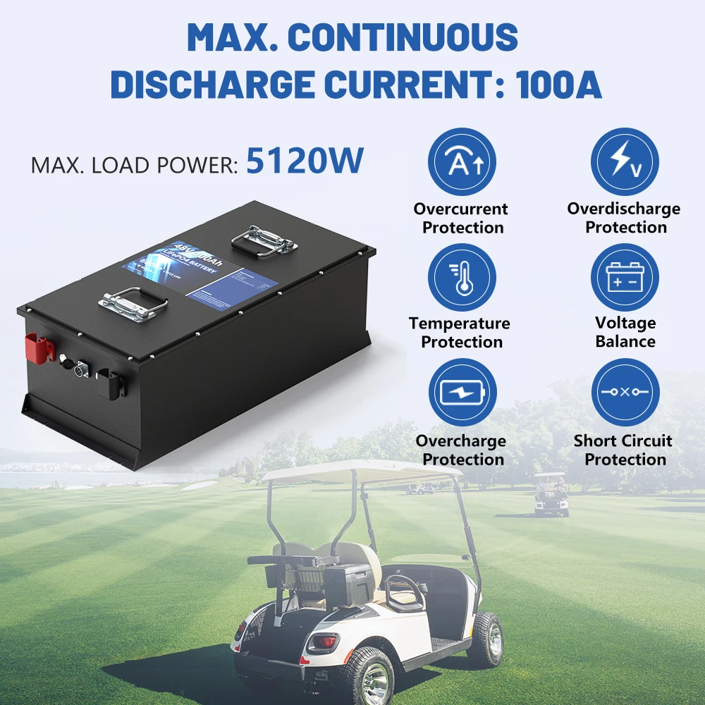 48V 100AH Lifepo4 Battery Pack 6500+ Cycles Rechargeable Lithium Golf Cart Battery Built-in Smart BMS With Touch Monitor Charger