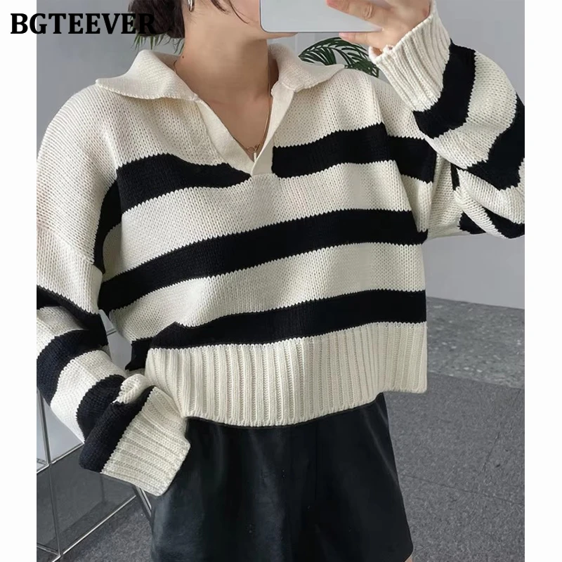 

BGTEEVER Casual Loose Striped Sweater Jumpers for Women Lapel Full Sleeve Loose Female Knitted Pullovers Tops Autumn Winter