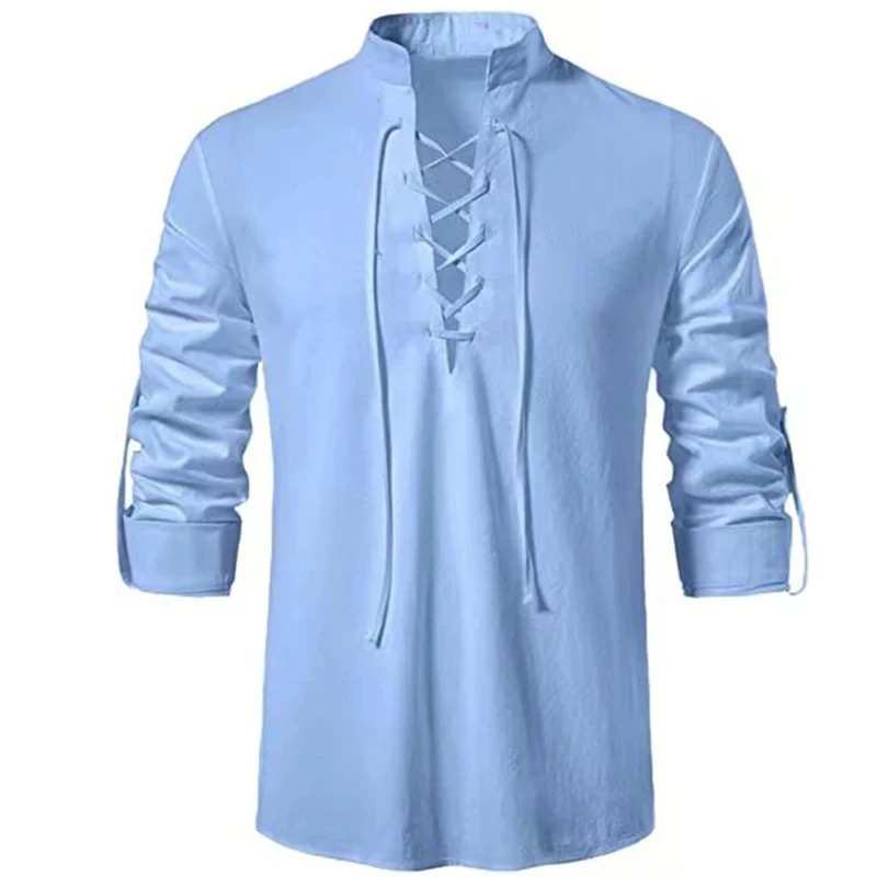 New Men\'s V-neck shirt T-shirt Fashion Vintage Thin Long Sleeve Top men Casual Breathable Viking Front Lace Up man Shirts