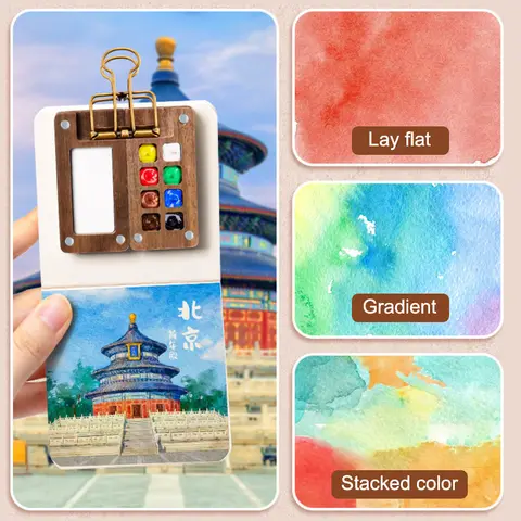 Bilashmart 。1pc Art Supplies Sketchbook Palette Portable Paint Box With Clip Travel Painting Paint Tray Mini Walnut Wood Watercolor Palette