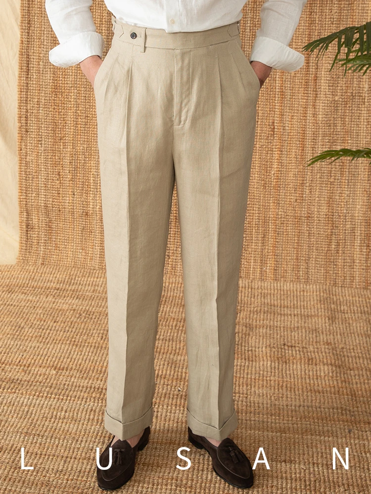 ฤดูร้อนอิตาเลี่ยนเนเปิลส์ระบายอากาศ 100 ผ้าลินินเอวสูงตรงกางเกงหลวมกางเกงลําลองสําหรับผู้ชาย