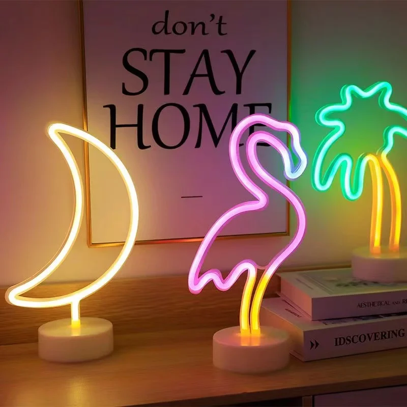 Neon Sign LED Rainbow shaped Neon Light Battery/USB Powered Colorful Neon Lamp with Holder Base Star Flamingo Nightlight Deco