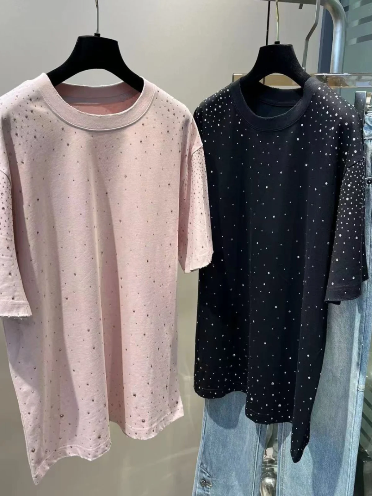 

Heavy Du Rhinestone ort Sve T-irt Women's Loose Fit round Ne Summer New Sle European Faion Casual Cotton Top