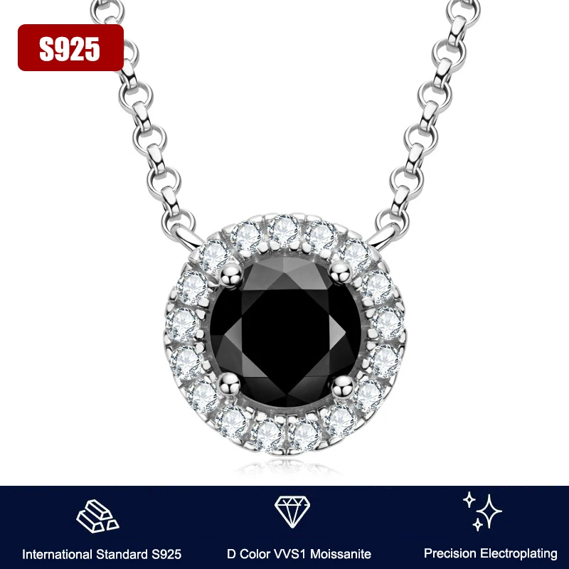 

Halo Diamond Pendant Necklace for Women Round Cut 6.5mm Black Moissanite Real 925 Sterling Silver Vintage Jewelry Gift