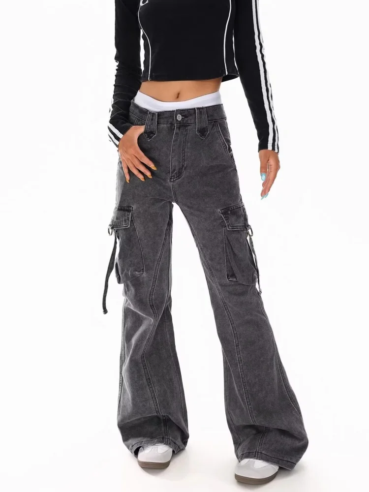 

2026 Cyber Y2K Style Vintage Black Grey Baggy Women's Flared Cargo Jeans Pants For Woman Clothing Straight Cotton Long Trousers