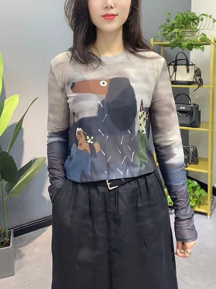 

Футболка большого размера с мультяшным принтом, длинный рукав, ретро-стиль, защита от солнца, весенняя новинка, европейский дизайн, эффект похудения